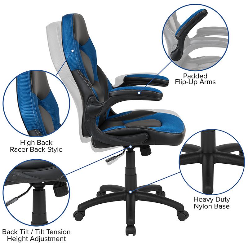 Red Gaming Desk and Blue/Black Racing Chair Set. Picture 4