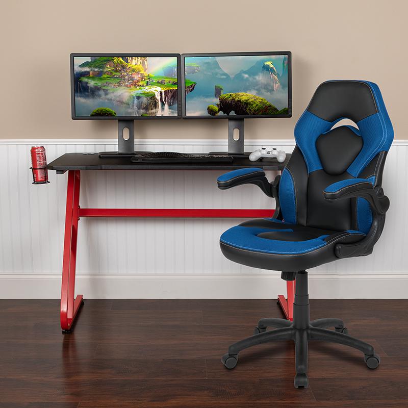 Red Gaming Desk and Blue/Black Racing Chair Set. Picture 2