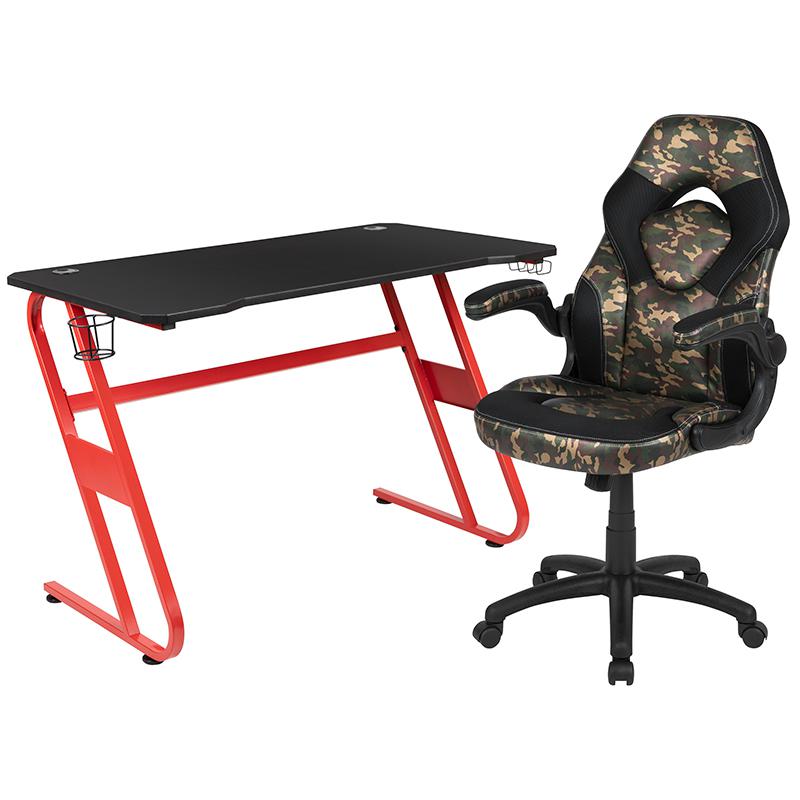 Red Gaming Desk and Camouflage/Black Racing Chair Set with Cup Holder and Headphone Hook. Picture 2