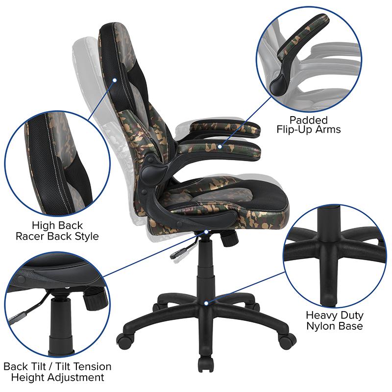 Red Gaming Desk and Camouflage/Black Racing Chair Set with Cup Holder and Headphone Hook. Picture 4