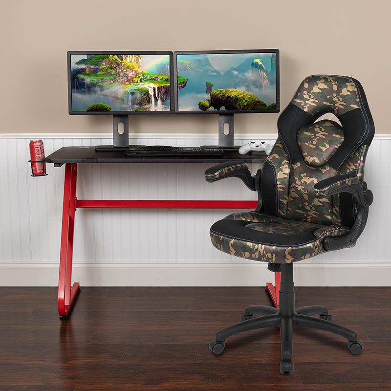 Red Gaming Desk and Camouflage/Black Racing Chair Set with Cup Holder and Headphone Hook. Picture 1