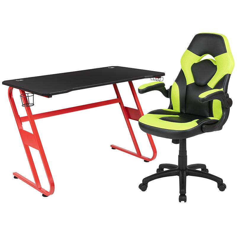 Red Gaming Desk and Green/Black Racing Chair Set. Picture 1