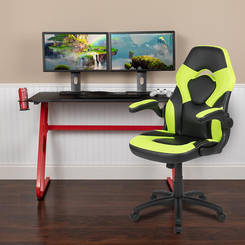 Red Gaming Desk and Green/Black Racing Chair Set. Picture 2
