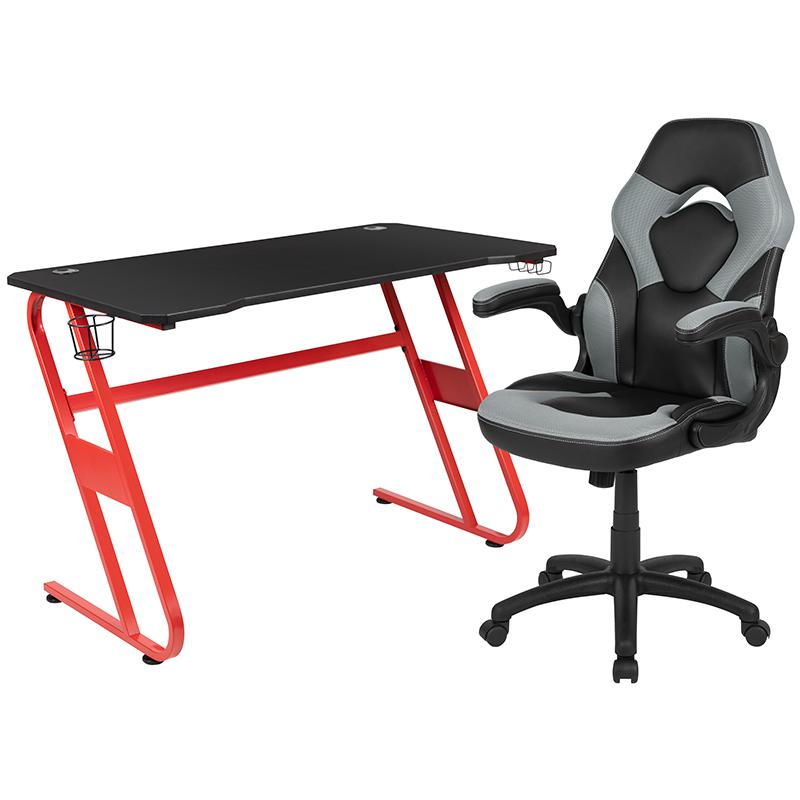 Red Gaming Desk and Gray/Black Racing Chair Set with Cup Holder and Headphone Hook. Picture 2