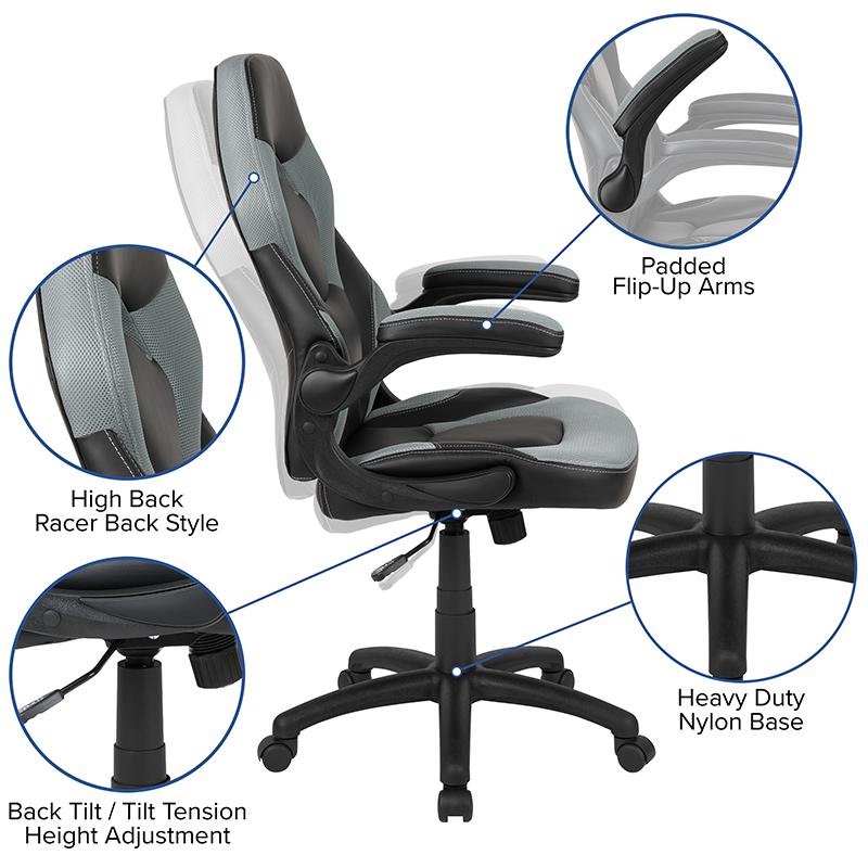 Red Gaming Desk and Gray/Black Racing Chair Set with Cup Holder and Headphone Hook. Picture 4