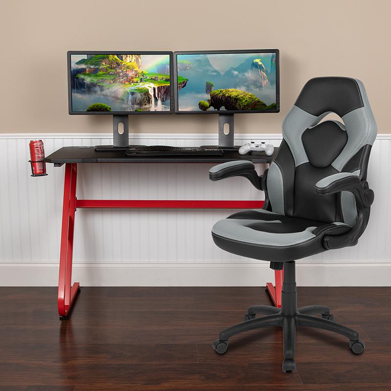 Red Gaming Desk and Gray/Black Racing Chair Set with Cup Holder and Headphone Hook. Picture 1