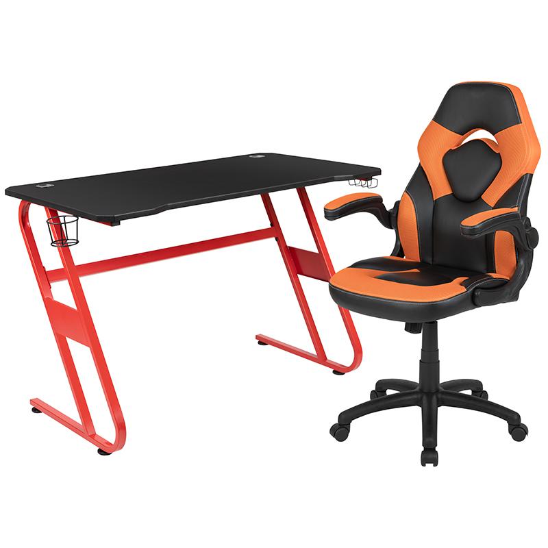 Red Gaming Desk and Orange/Black Racing Chair Set. Picture 2