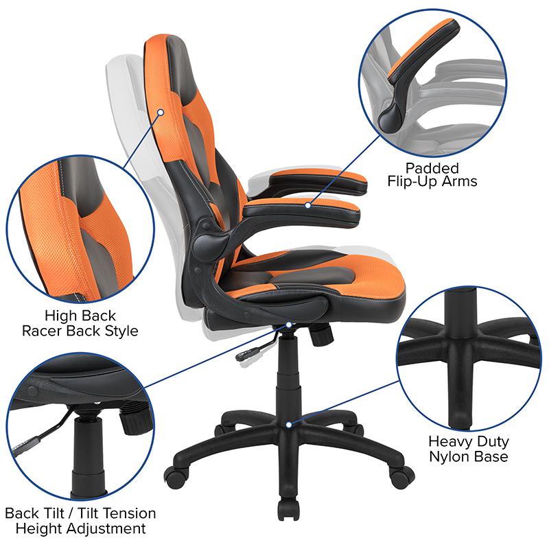Red Gaming Desk and Orange/Black Racing Chair Set. Picture 4
