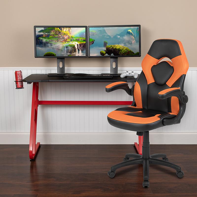 Red Gaming Desk and Orange/Black Racing Chair Set. Picture 1