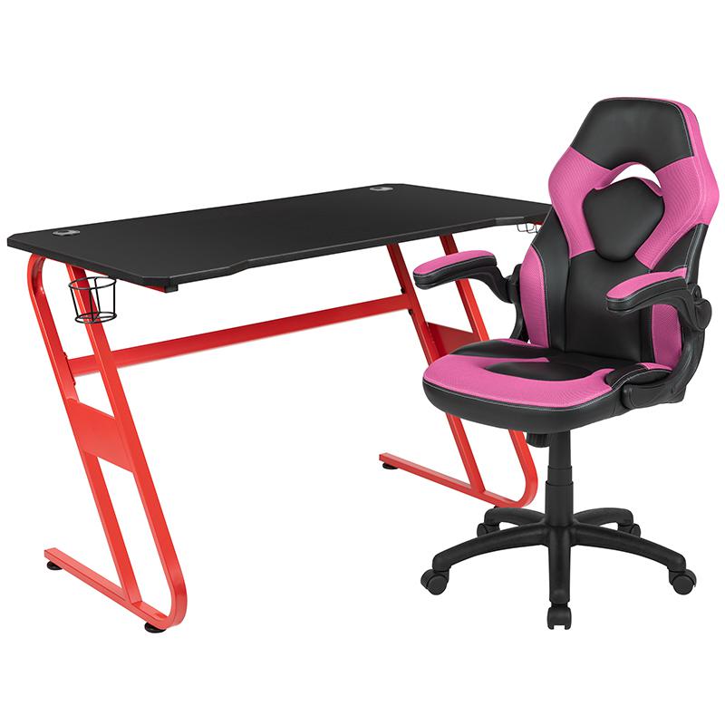Red Gaming Desk and Pink/Black Racing Chair Set. Picture 2