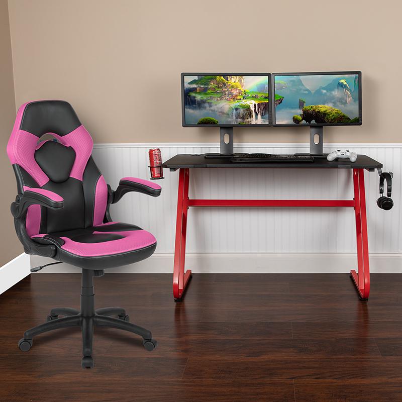 Red Gaming Desk and Pink/Black Racing Chair Set. Picture 1