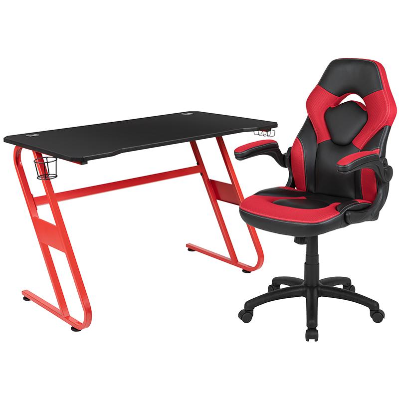 Red Gaming Desk and Red/Black Racing Chair Set. Picture 1