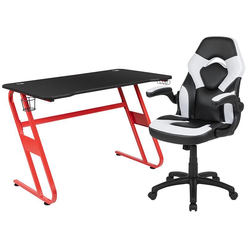 Red Gaming Desk and White/Black Racing Chair Set. Picture 1