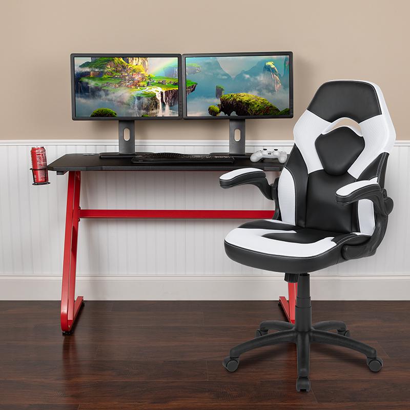Red Gaming Desk and White/Black Racing Chair Set. Picture 2
