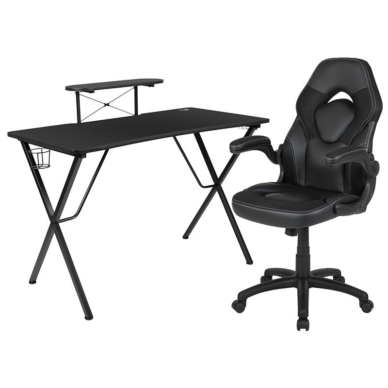 Black Gaming Desk and Black Racing Chair Set with Cup Holder, Headphone Hook, and Monitor/Smartphone Stand. The main picture.
