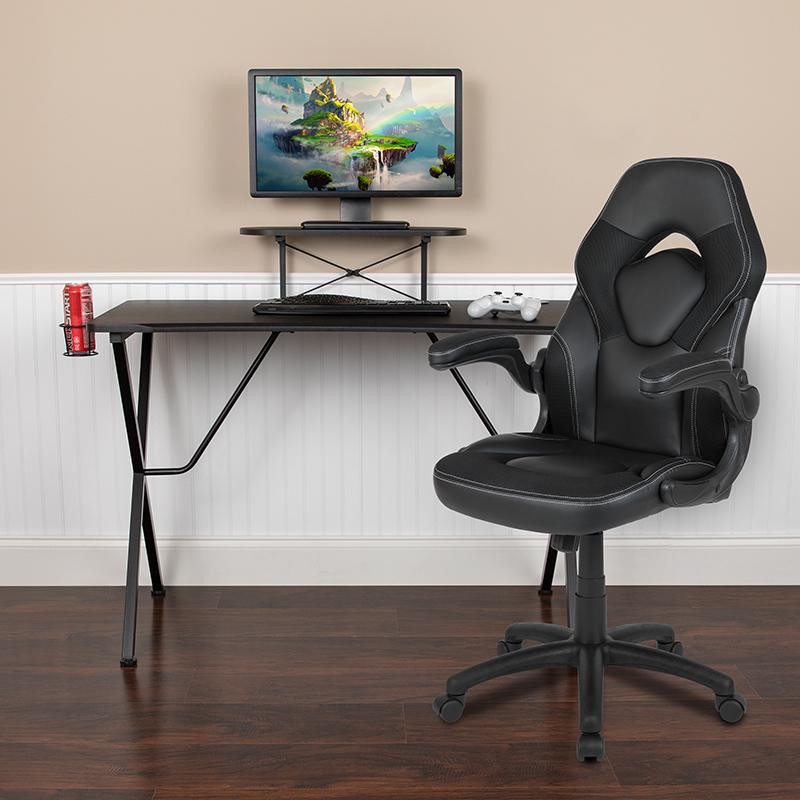 Black Gaming Desk and Black Racing Chair Set with Cup Holder, Headphone Hook, and Monitor/Smartphone Stand. Picture 2