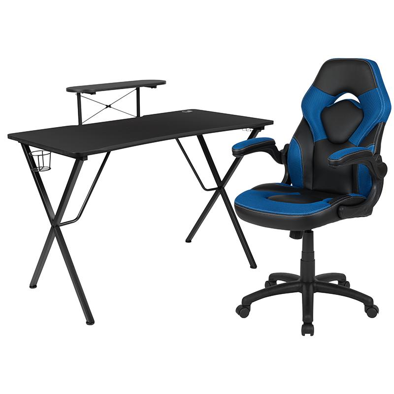 Black Gaming Desk and Blue/Black Racing Chair Set. Picture 1