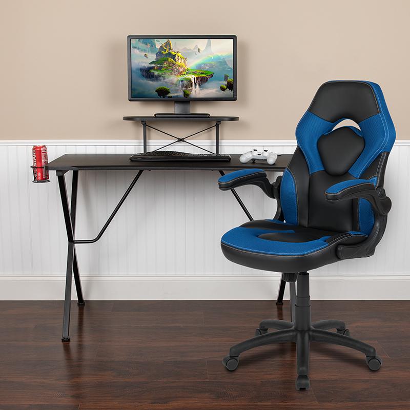 Black Gaming Desk and Blue/Black Racing Chair Set. Picture 2