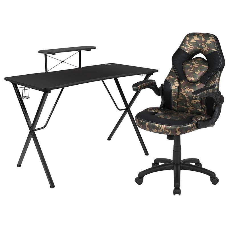 Black Gaming Desk and Camouflage/Black Racing Chair Set. Picture 1