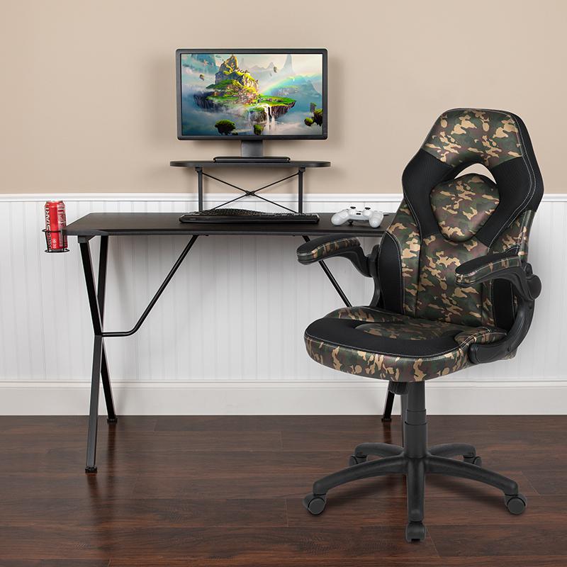Black Gaming Desk and Camouflage/Black Racing Chair Set. Picture 2