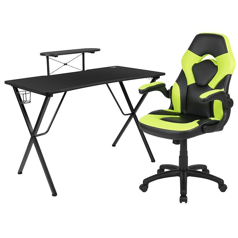 Black Gaming Desk and Green/Black Racing Chair Set. Picture 1
