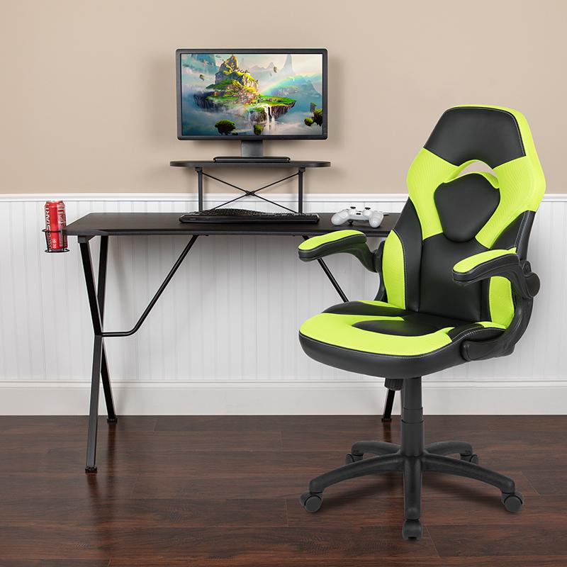 Black Gaming Desk and Green/Black Racing Chair Set. Picture 2