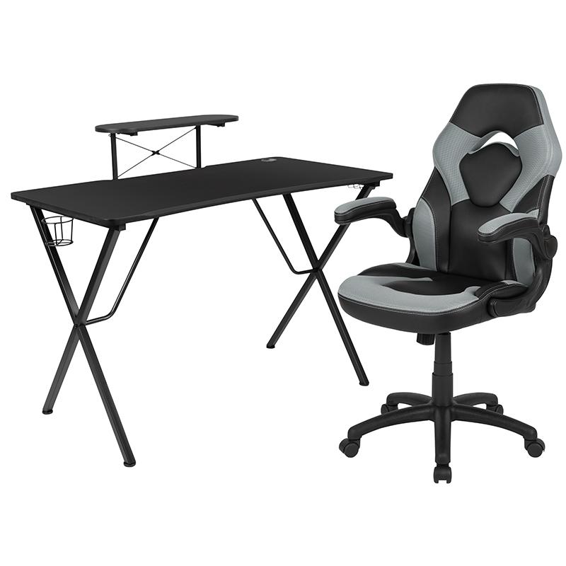 Black Gaming Desk and Gray/Black Racing Chair Set with Cup Holder, Headphone Hook, and Monitor/Smartphone Stand. Picture 2