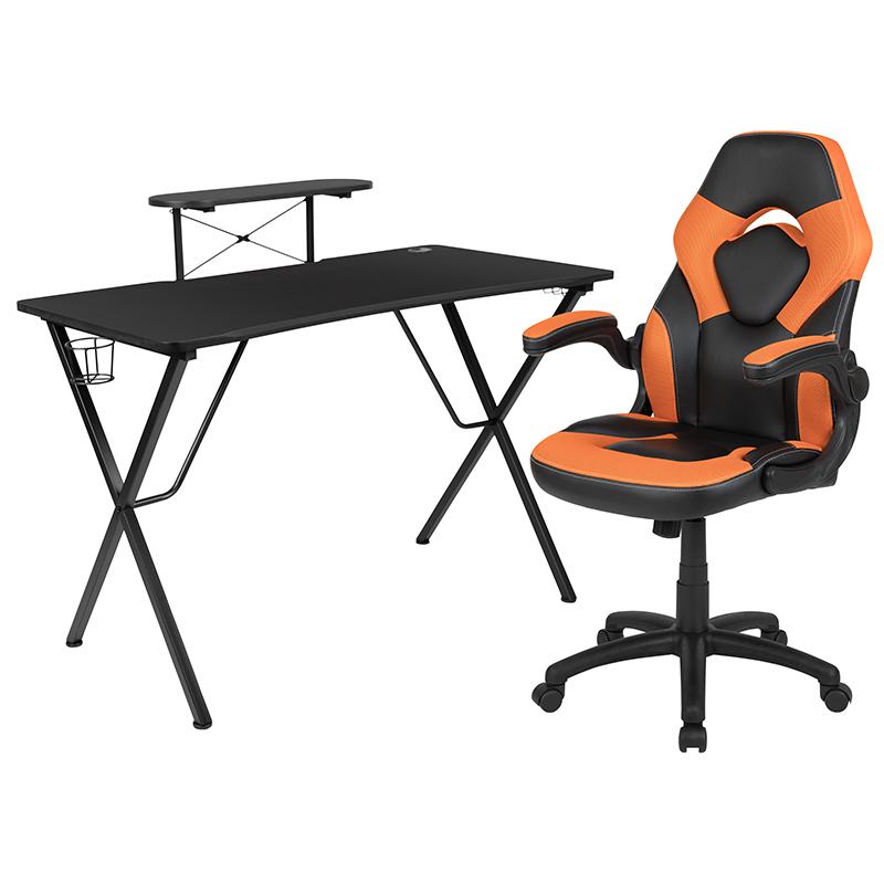 Black Gaming Desk and Orange/Black Racing Chair Set. Picture 1