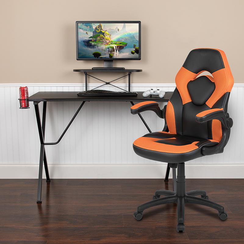 Black Gaming Desk and Orange/Black Racing Chair Set. Picture 2