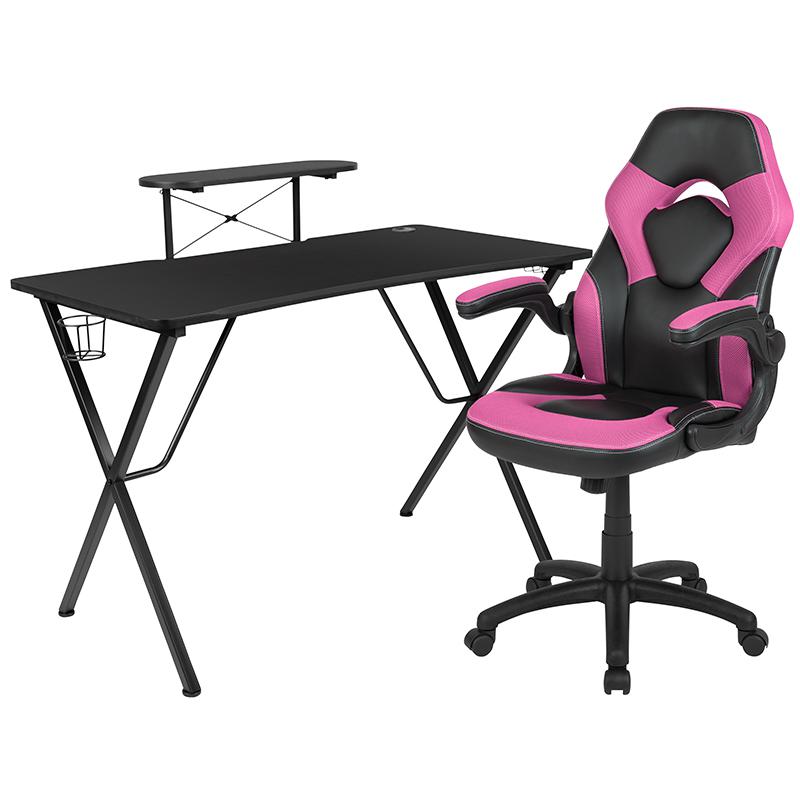 Black Gaming Desk and Pink/Black Racing Chair Set with Cup Holder, Headphone Hook, and Monitor/Smartphone Stand. Picture 2