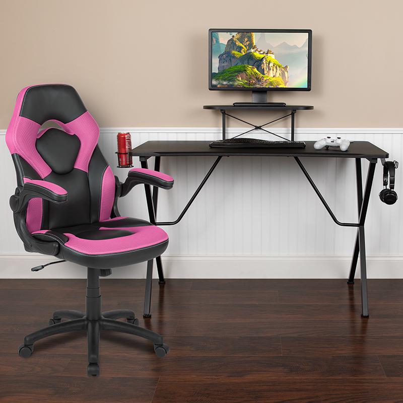 Black Gaming Desk and Pink/Black Racing Chair Set with Cup Holder, Headphone Hook, and Monitor/Smartphone Stand. Picture 1