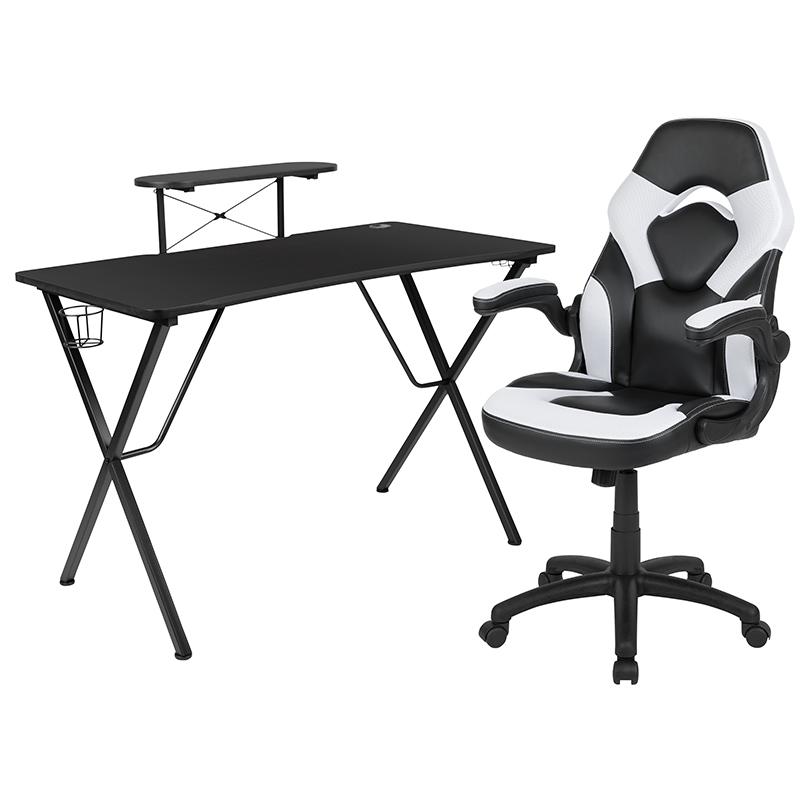 Black Gaming Desk and White/Black Racing Chair Set. Picture 1