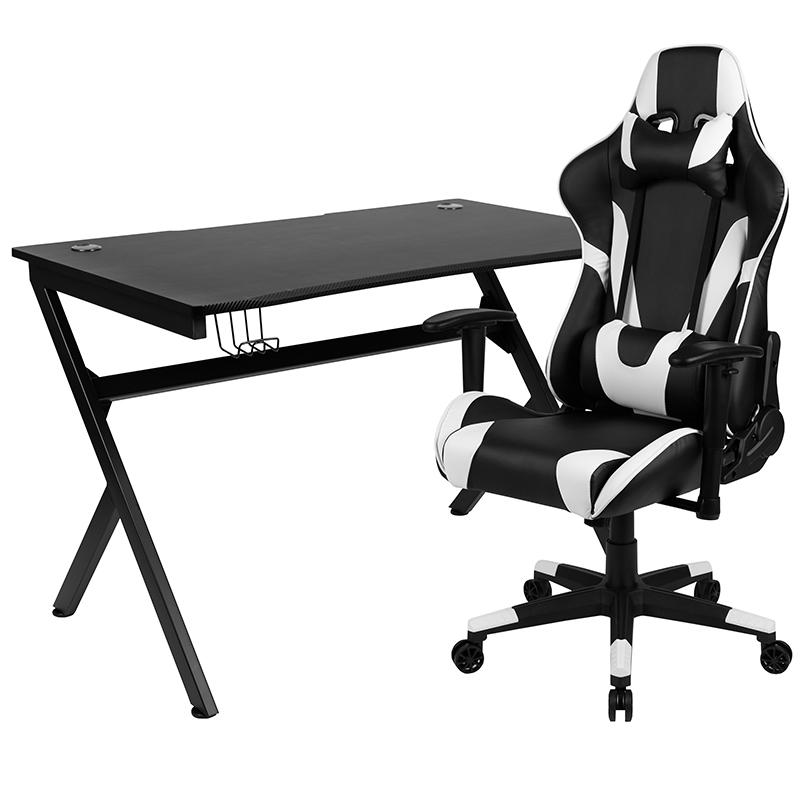 Black Gaming Desk and Black Reclining Gaming Chair Set with Cup Holder, Headphone Hook & 2 Wire Management Holes. Picture 2