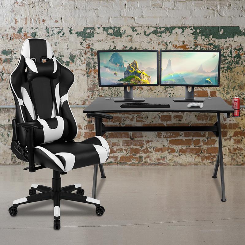 Black Gaming Desk and Black Reclining Gaming Chair Set with Cup Holder, Headphone Hook & 2 Wire Management Holes. The main picture.