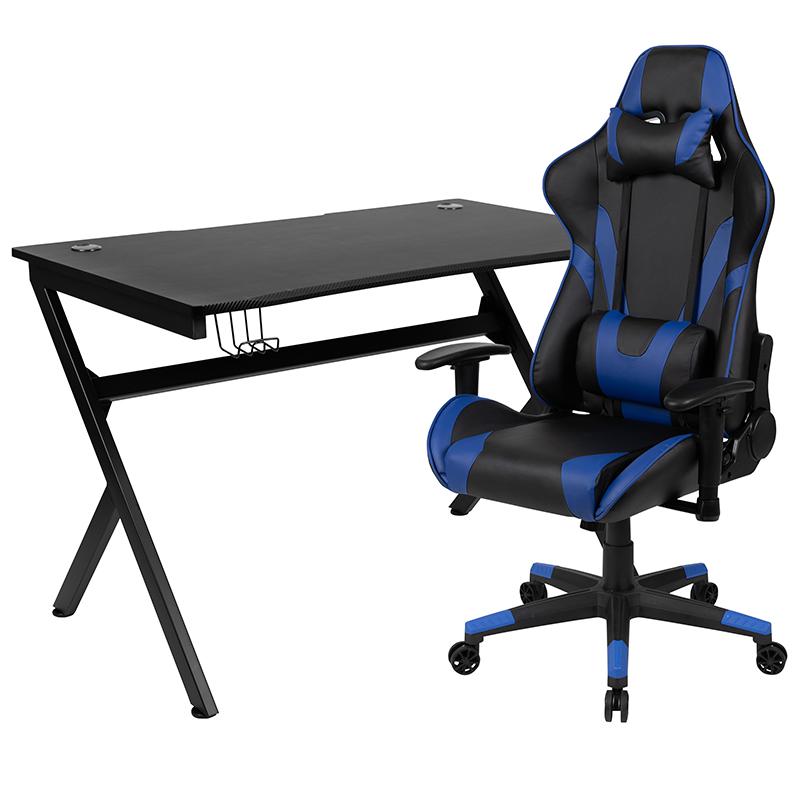 Black Gaming Desk and Blue/Black Reclining Gaming Chair Set with Cup Holder, Headphone Hook & 2 Wire Management Holes. Picture 2