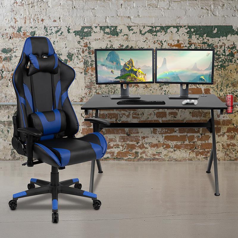 Black Gaming Desk and Blue/Black Reclining Gaming Chair Set with Cup Holder, Headphone Hook & 2 Wire Management Holes. The main picture.