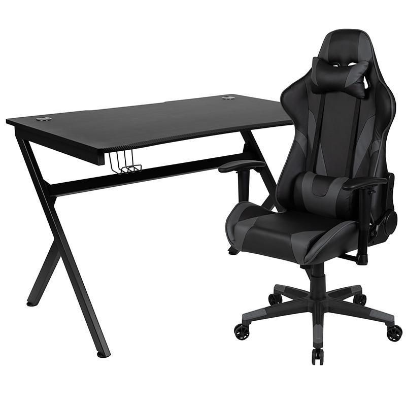 Black Gaming Desk and Gray/Black Reclining Gaming Chair Set. Picture 2