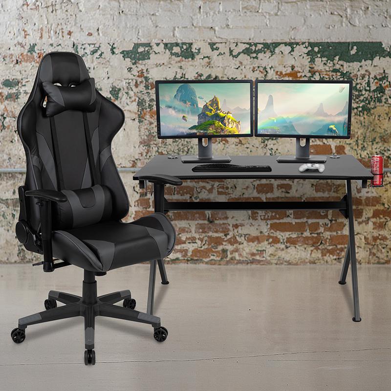 Black Gaming Desk and Gray/Black Reclining Gaming Chair Set. Picture 1