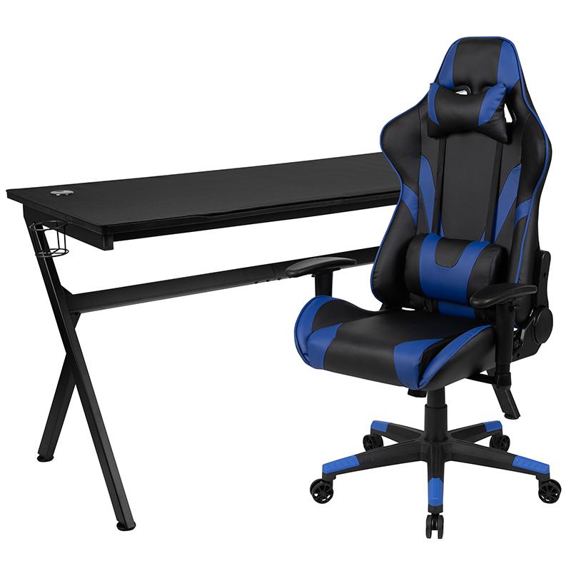 Gaming Desk and Blue/Black Reclining Gaming Chair Set. Picture 2