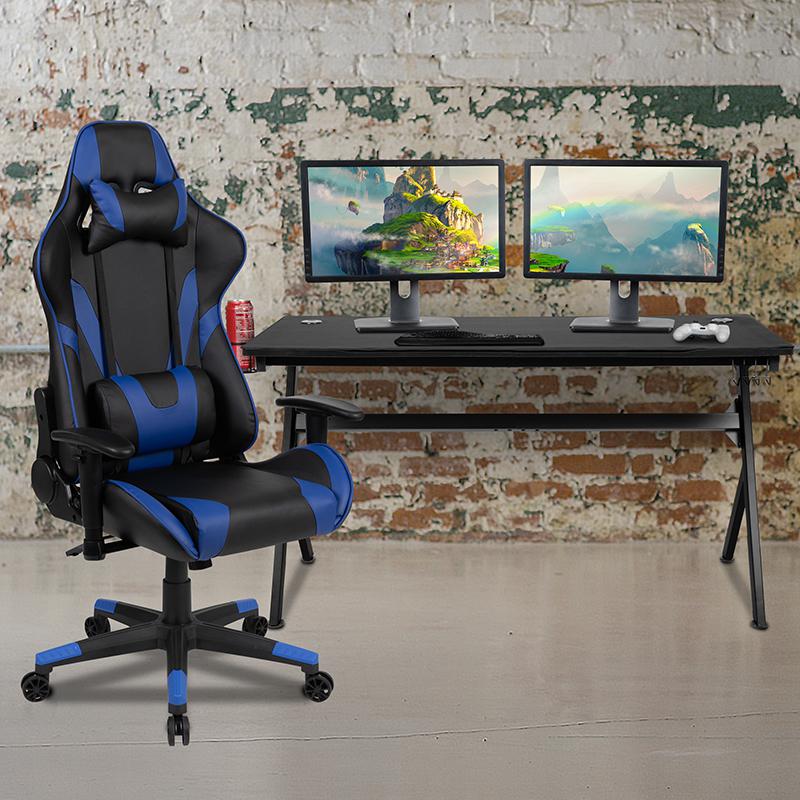 Gaming Desk and Blue/Black Reclining Gaming Chair Set. Picture 1