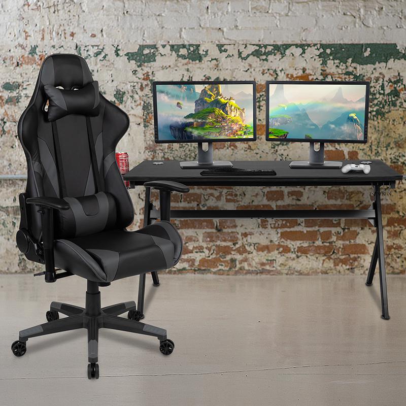 Gaming Desk and Gray/Black Reclining Gaming Chair Set /Cup Holder/Headphone Hook/Removable Mouse Pad Top - Wire Management. The main picture.