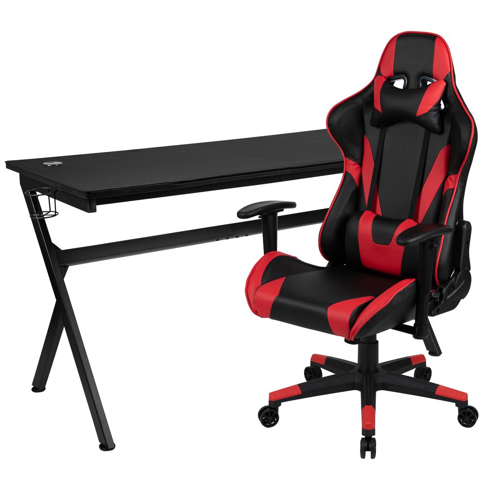 Gaming Desk and Red/Black Reclining Gaming Chair Set /Cup Holder/Headphone Hook/Removable Mouse Pad Top - Wire Management. Picture 1