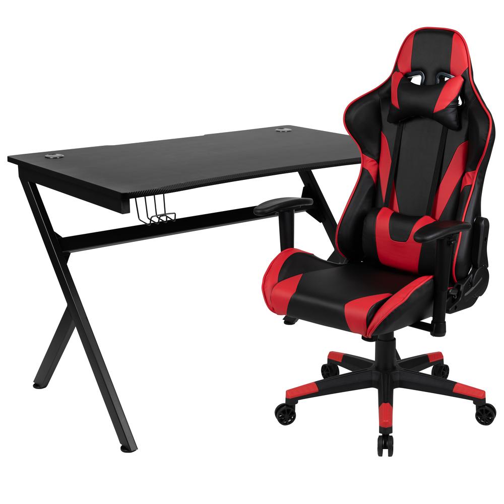 Black Gaming Desk and Red/Black Reclining Gaming Chair Set. Picture 1