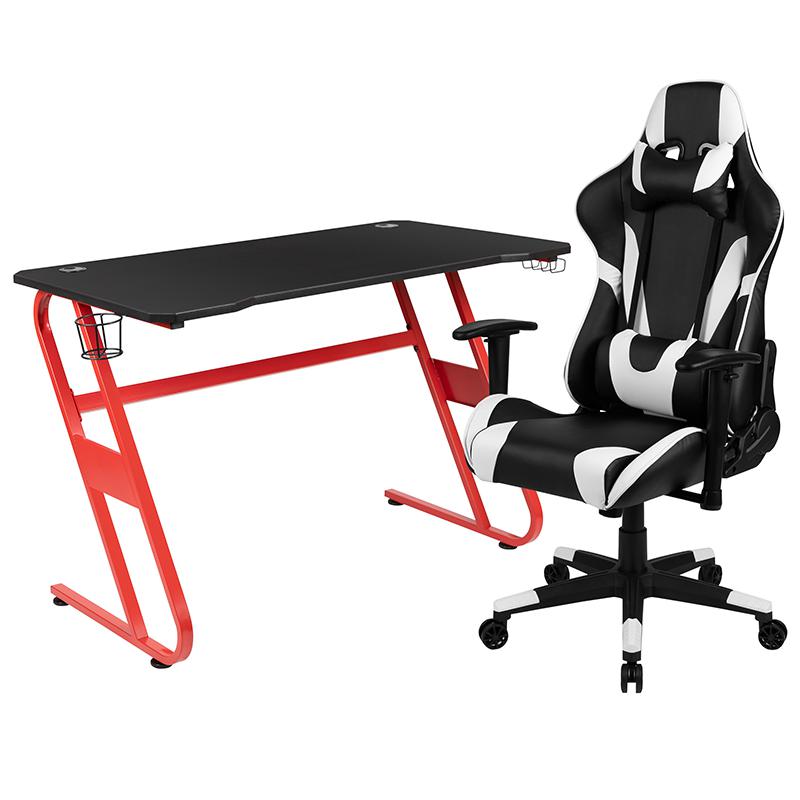 Red Gaming Desk and Black Reclining Gaming Chair Set. Picture 1