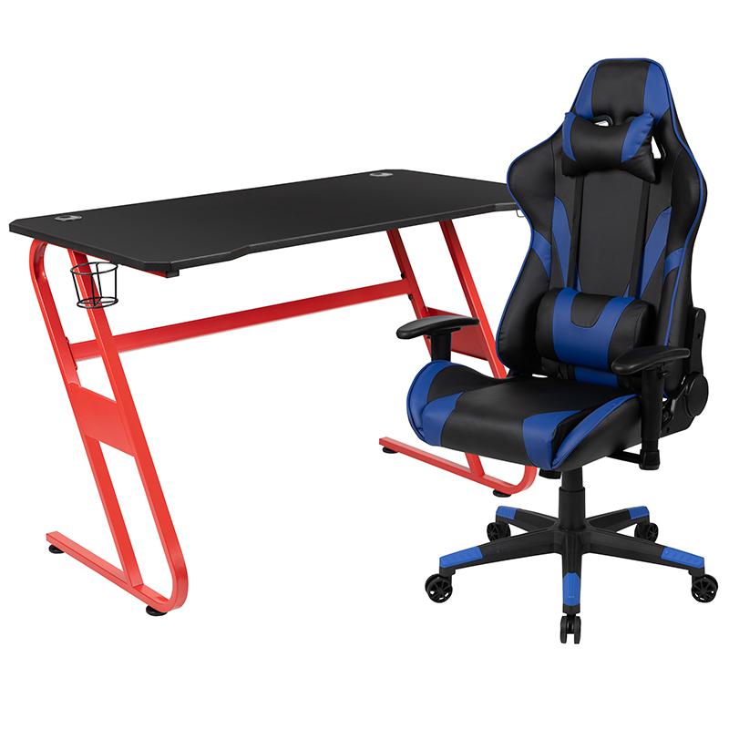 Red Gaming Desk and Blue Reclining Gaming Chair Set. Picture 2