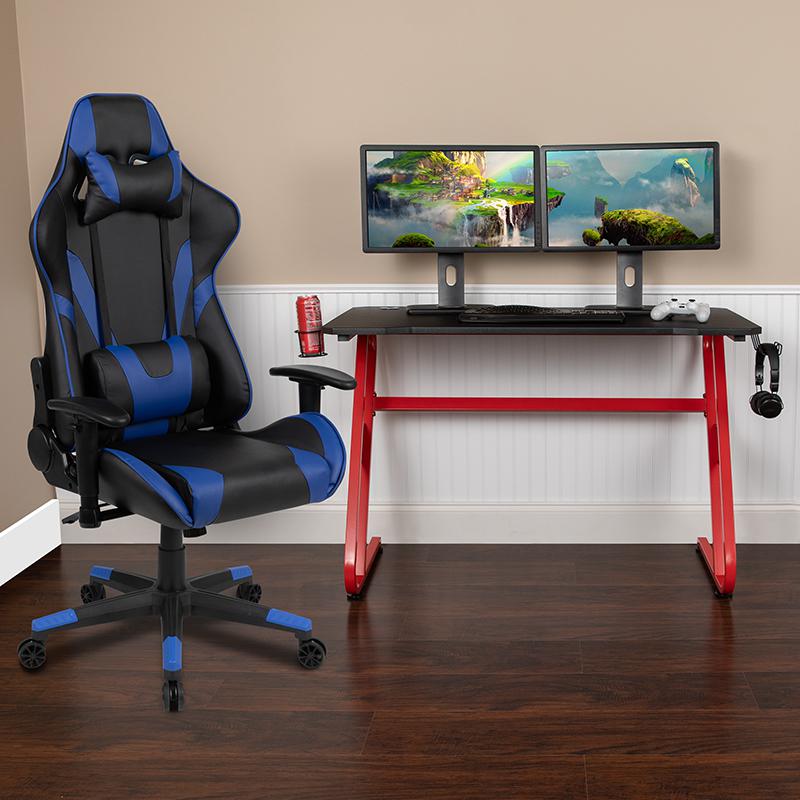 Red Gaming Desk and Blue Reclining Gaming Chair Set. Picture 1