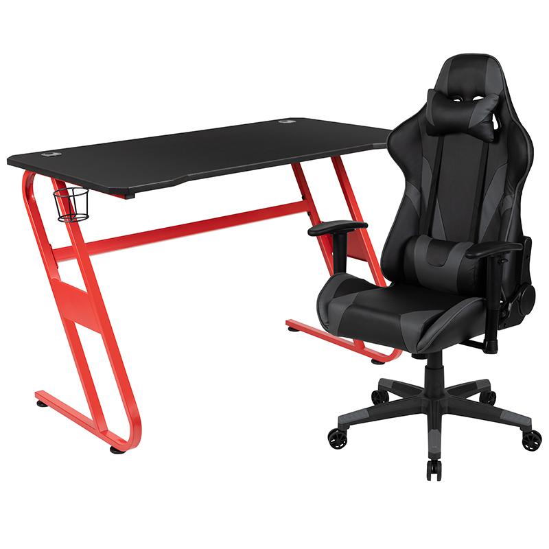 Red Gaming Desk and Gray Reclining Gaming Chair Set. Picture 2