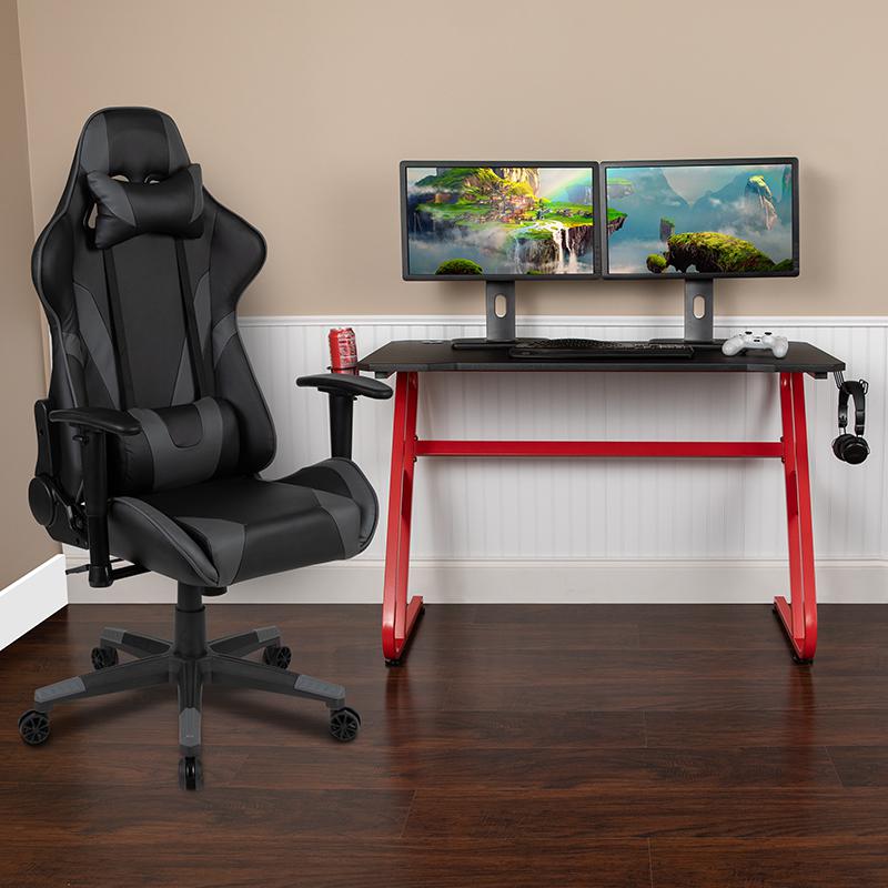 Red Gaming Desk and Gray Reclining Gaming Chair Set. Picture 1