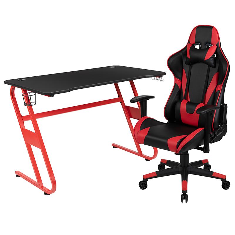 Red Gaming Desk and Red/Black Reclining Gaming Chair Set. Picture 1