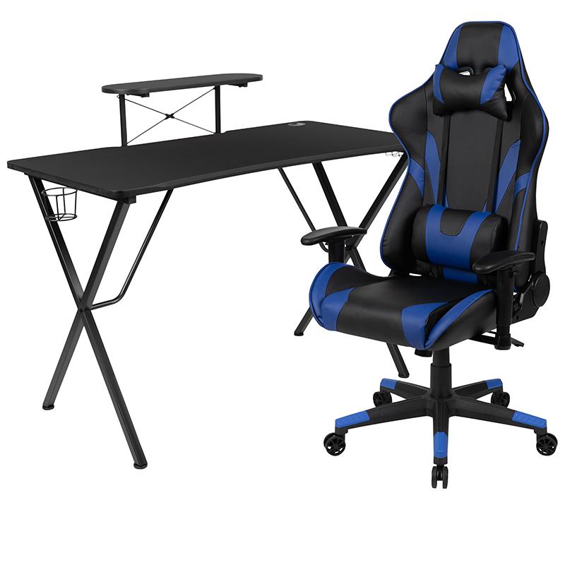Black Gaming Desk and Blue Reclining Gaming Chair Set. Picture 2